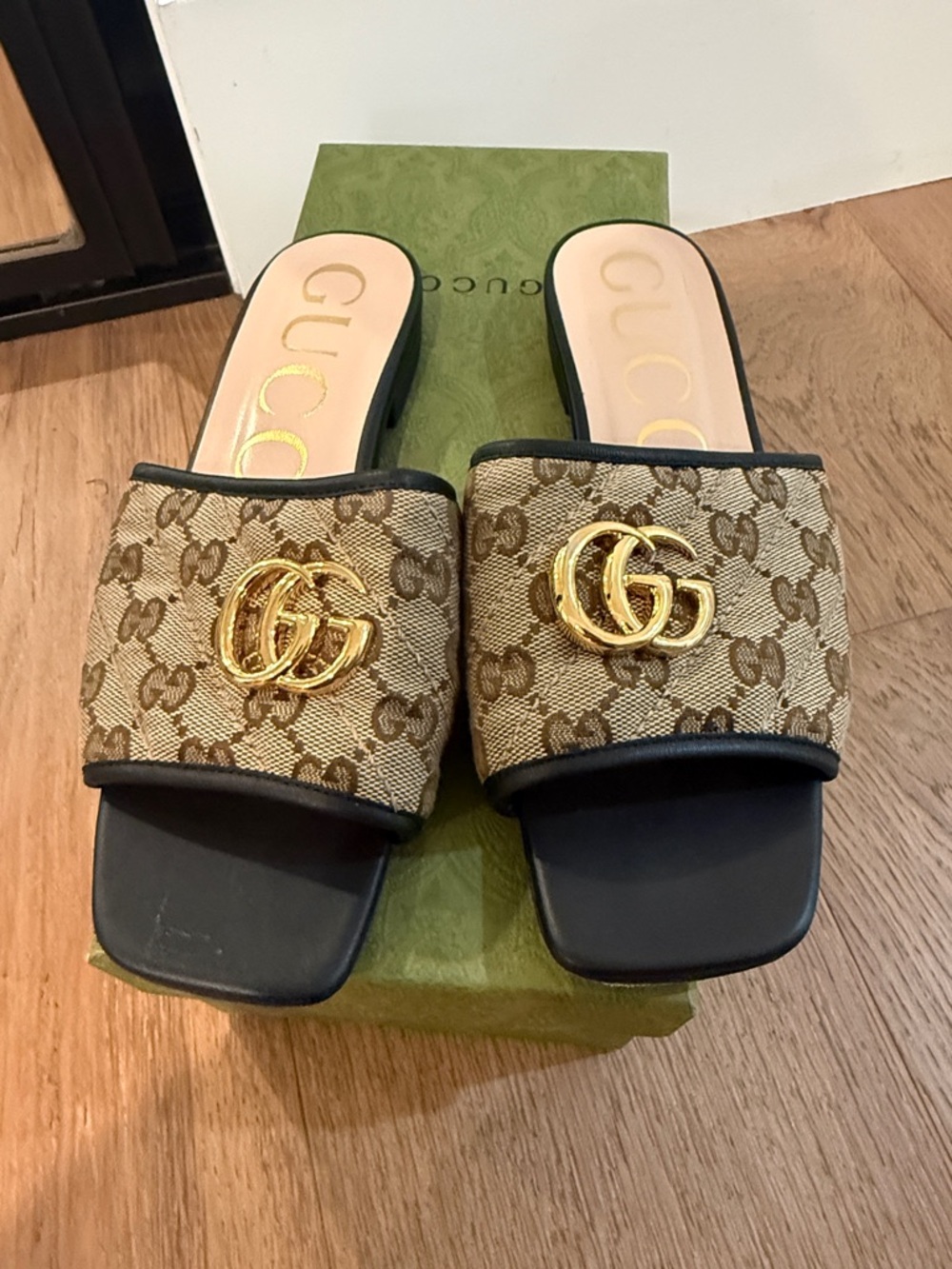 Gucci Beige GG Monogram Slide Mules with Gold Double G